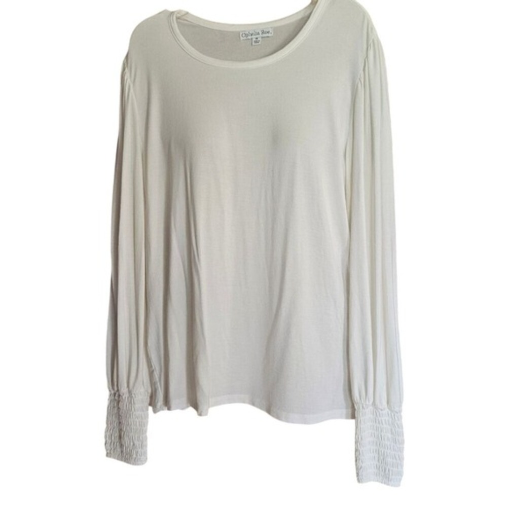Ophelia Roe White Long Sleeve Top with Smocked Cuffs Boho Chic Blouse Medium